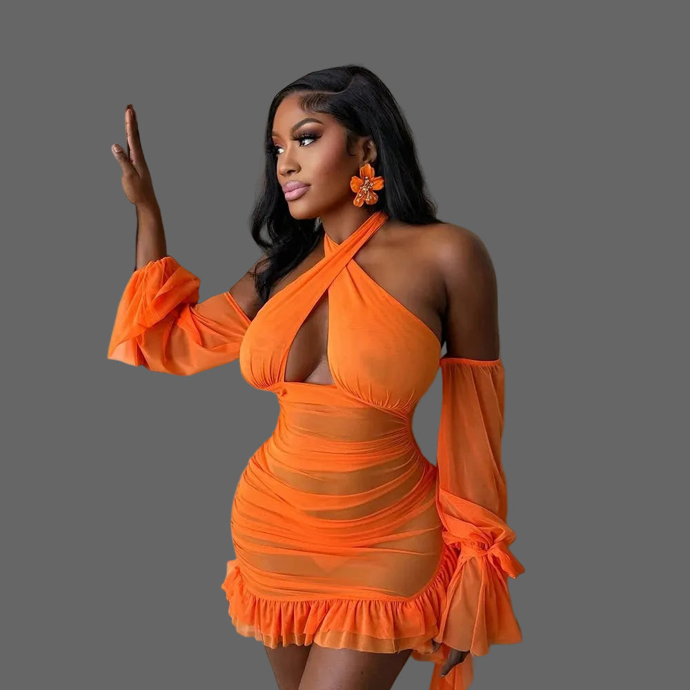 Woman Halter Mini Dress Sexy Mesh Cutout Ruched Bodycon for Night Out Birthday Party Club