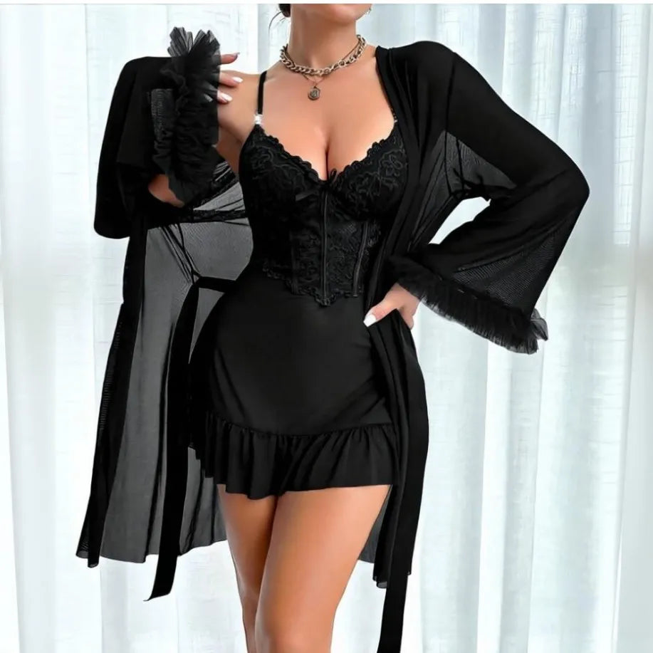 Women’s Lace Lingerie & Robe Set