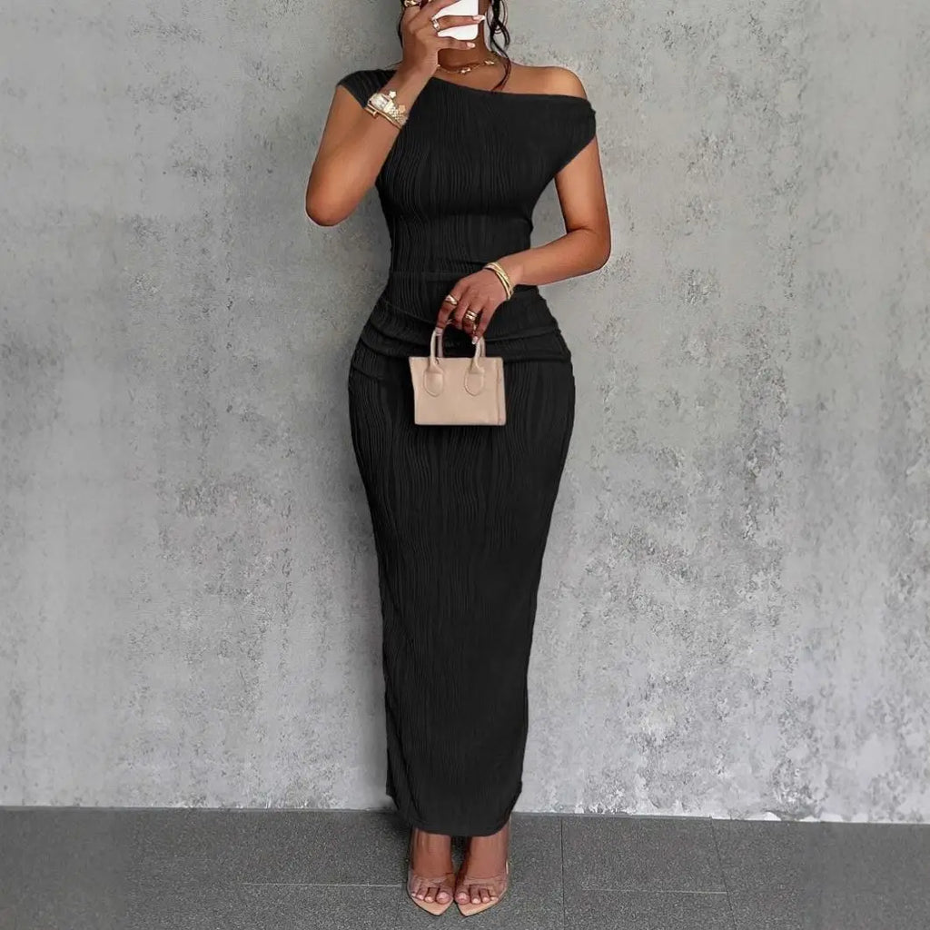 Fashionable Water Ripple Sloping Shoulder Dress