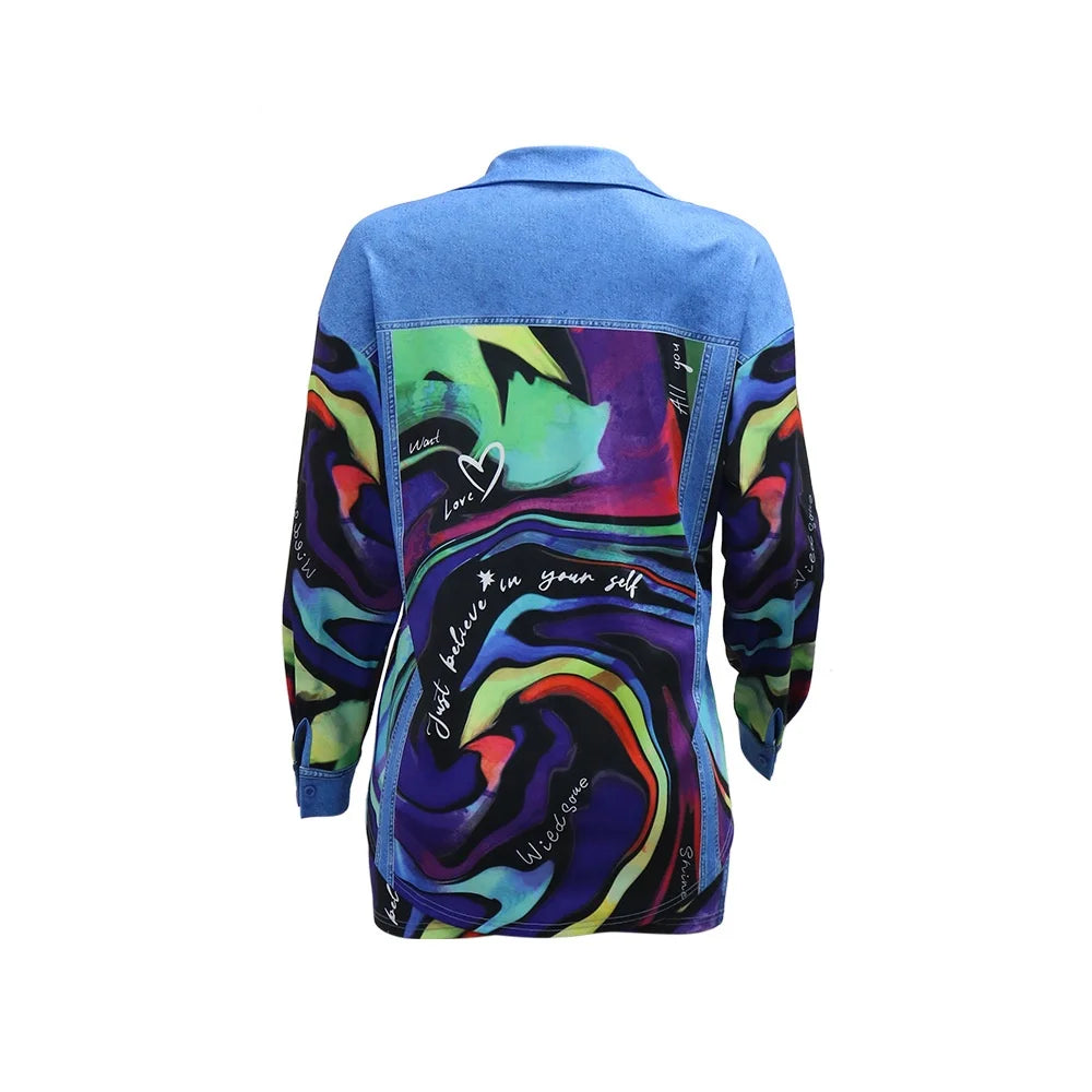Women's Summer Casual Two-Piece Set Printed Top Turn-Down Collar Long Sleeve Paired Sexy Slim Fit Bodycon Breathable