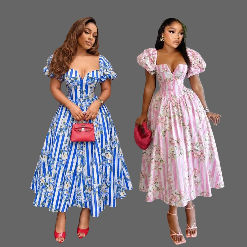 Puff Sleeve Square Neck Floral Stripe Midi Dress Woman Smocked Back Lace up Corset a Line Summer Long Dress