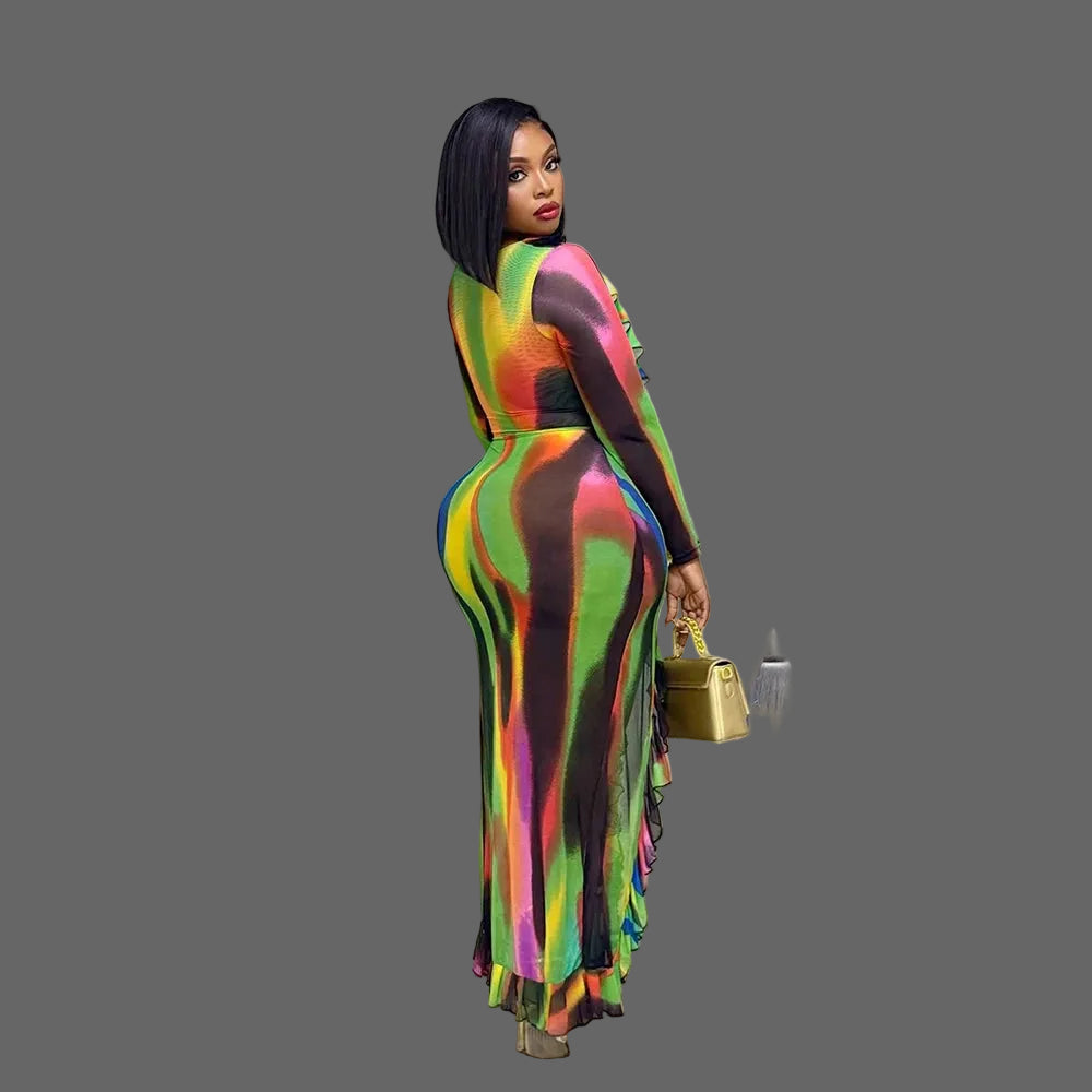 Colorful Abstract Print Lace up Ruffle Midi Dress Long Sleeve High Slit Bodycon Party Gown