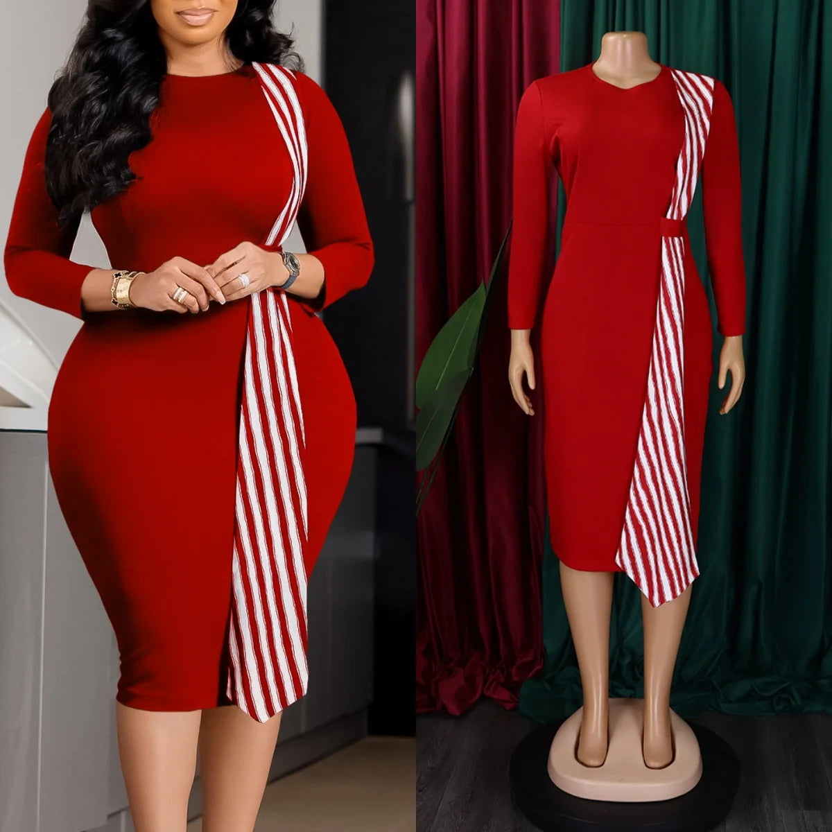 High Quality Midi Dress Woman Robe Long Sleeve Regular Fit Bodycon Natural Waist Diamonds