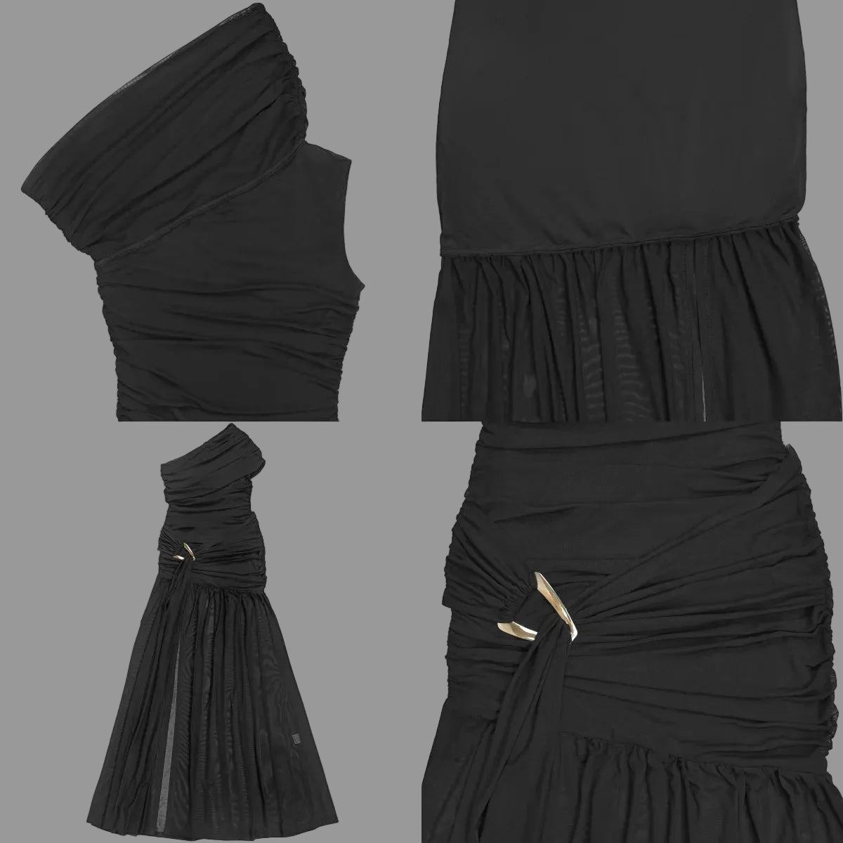 One Shoulder Ruched Mesh Maxi Dress Metal Buckle High Slit Pleated Hem Party Gown