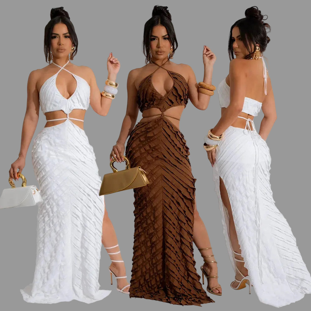 Sexy Hollow Out Waist Tie Neck Side Slit Skirt Streetwear Casual Maxi Dresses for Woman