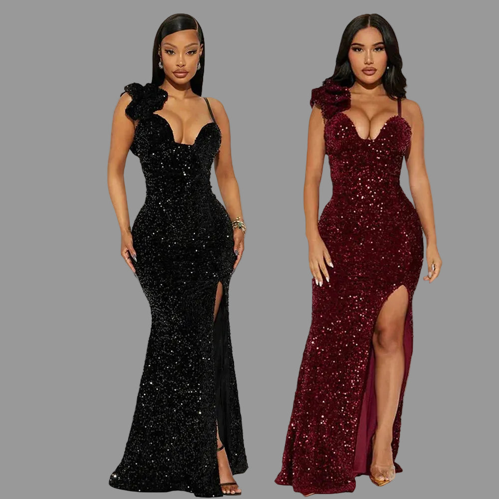 Spaghetti Strap Prom Dresses Sequin Ball Activity Dressing Women Evening Maxi Slit Dress