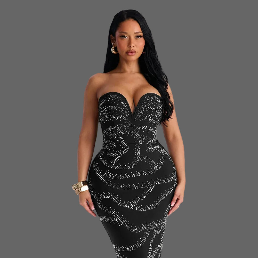 Strapless Rhinestone Mini Dress Woman Stretchy Bodycon for Birthday Party Club