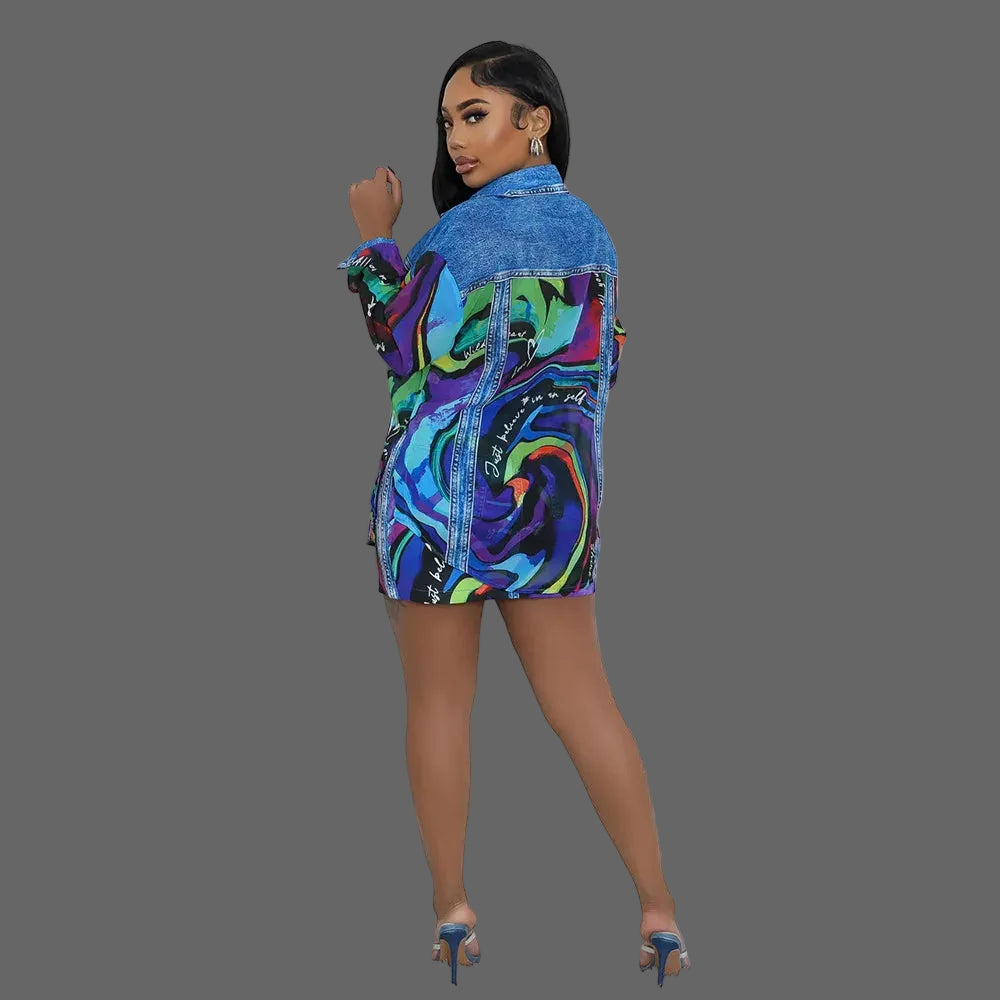 Women's Summer Casual Two-Piece Set Printed Top Turn-Down Collar Long Sleeve Paired Sexy Slim Fit Bodycon Breathable