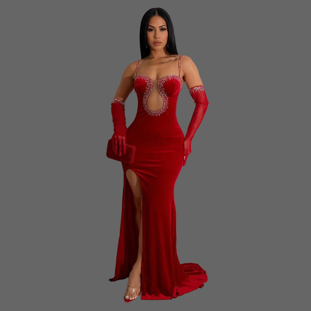 High-end Rhinestone Spaghetti Strap A-Line Ankle-Length Milk Silk Evening Dress Back Slit for Dinner Luxury