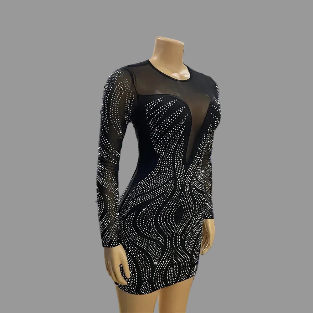 Black Long Sleeve Mesh Rhinestone Bodycon Mini Dress Embellished Evening Party Club Dress for Women