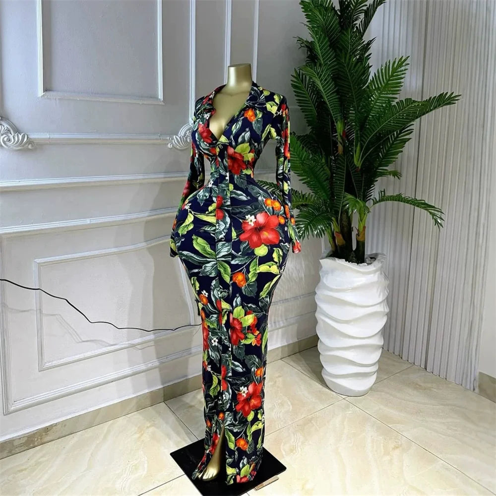 Chunya New in Tropical Floral Print Bodycon Maxi Dress Long Sleeve Collared Wrap Evening Gown with Front Slit