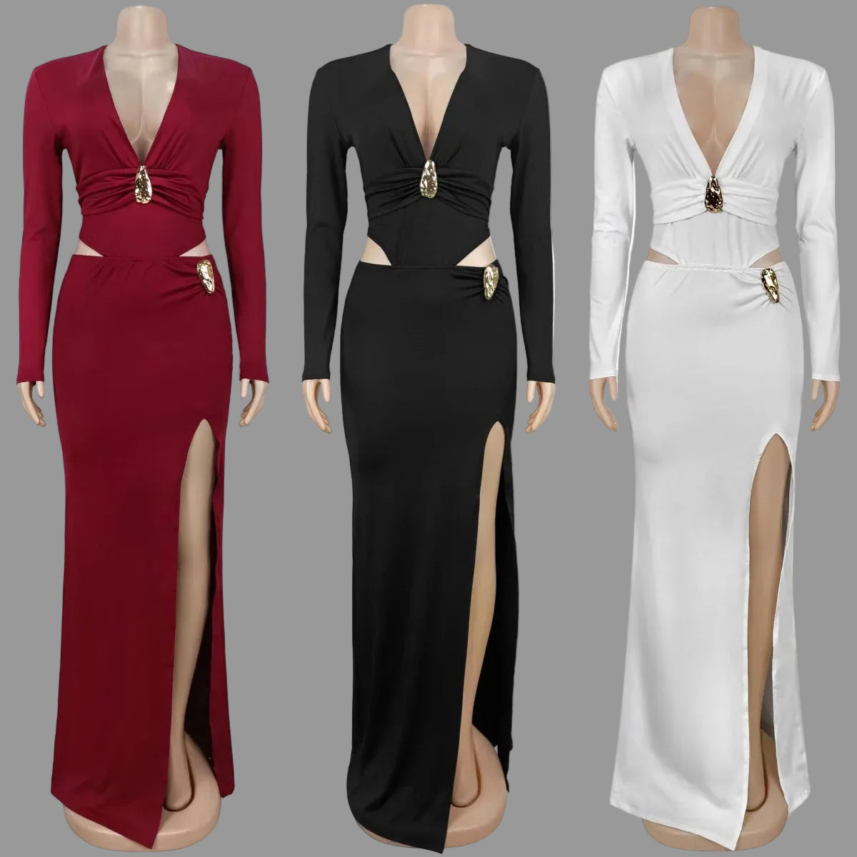 Deep Veck Hollow Out Maxi Dress Woman Sexy High Slit Night Out Club Party Outfit