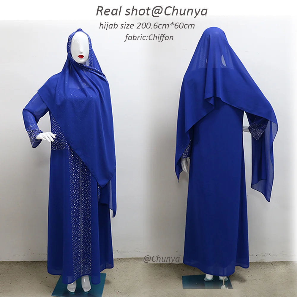 Women Elegant Rhinestone Arabian Islamic Clothing Robe Femme Modest Kleid Abaya Dress With Scarf