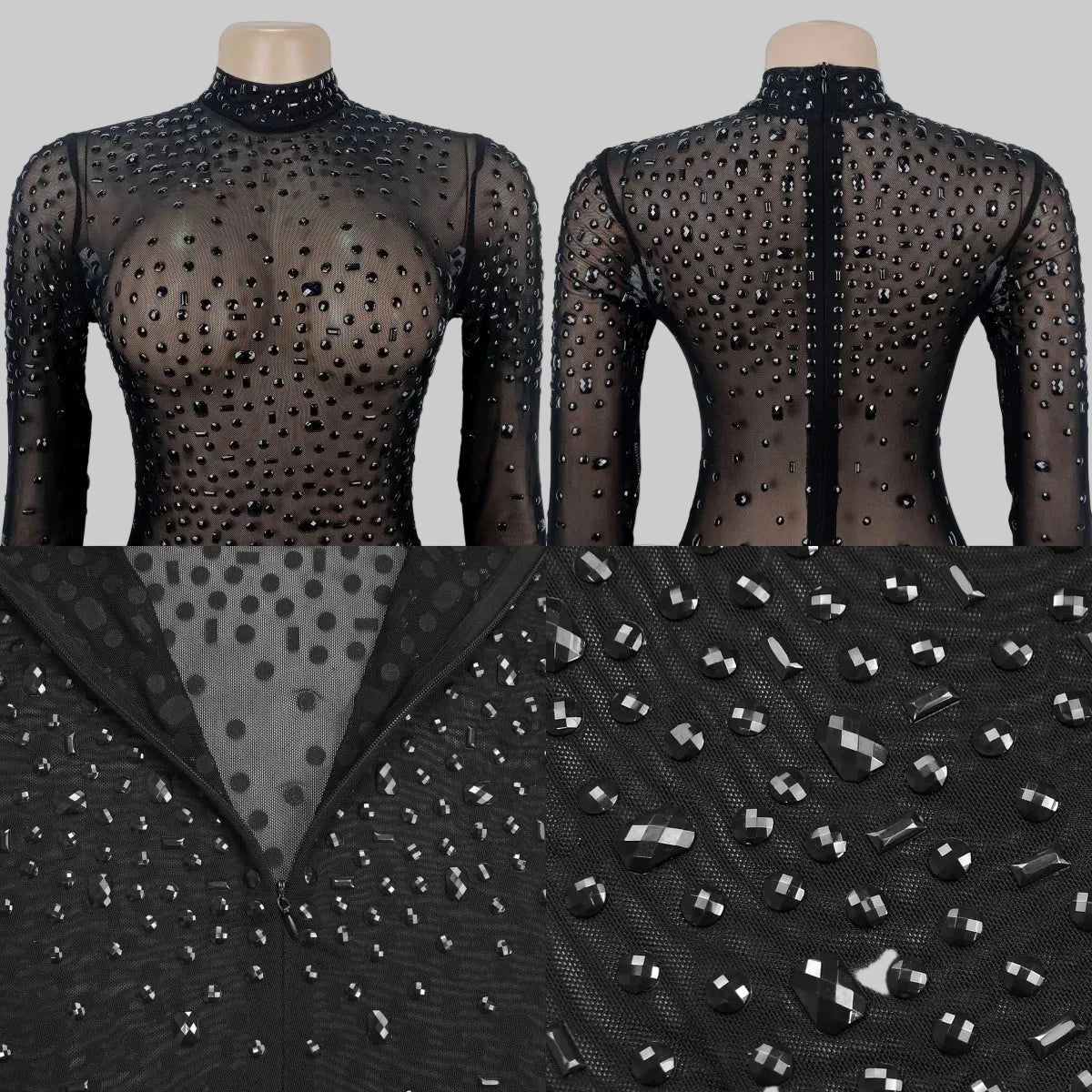 Rhinestone Mini Dress Stretchy Long Sleeve Sexy Mesh Bodycon for Club Night New Fashion Femme Robe