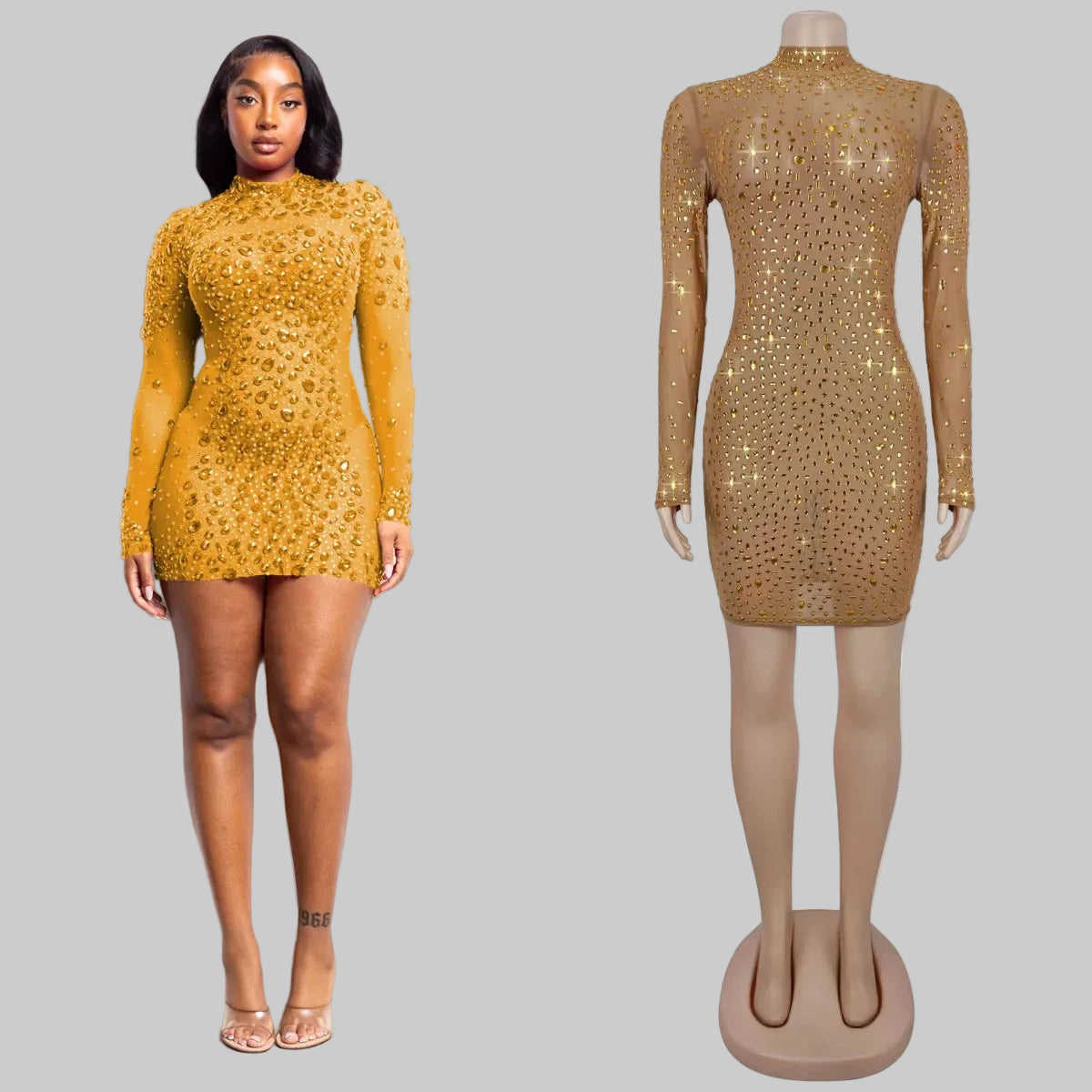 Rhinestone Mini Dress Stretchy Long Sleeve Sexy Mesh Bodycon for Club Night New Fashion Femme Robe