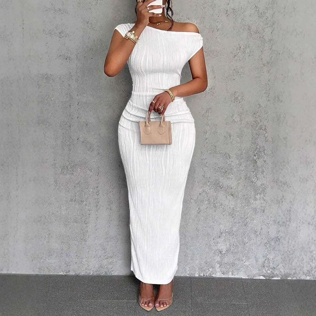 Fashionable Water Ripple Sloping Shoulder Dress
