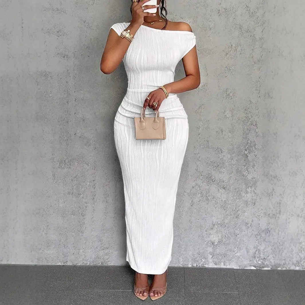Fashionable Water Ripple Sloping Shoulder Dress