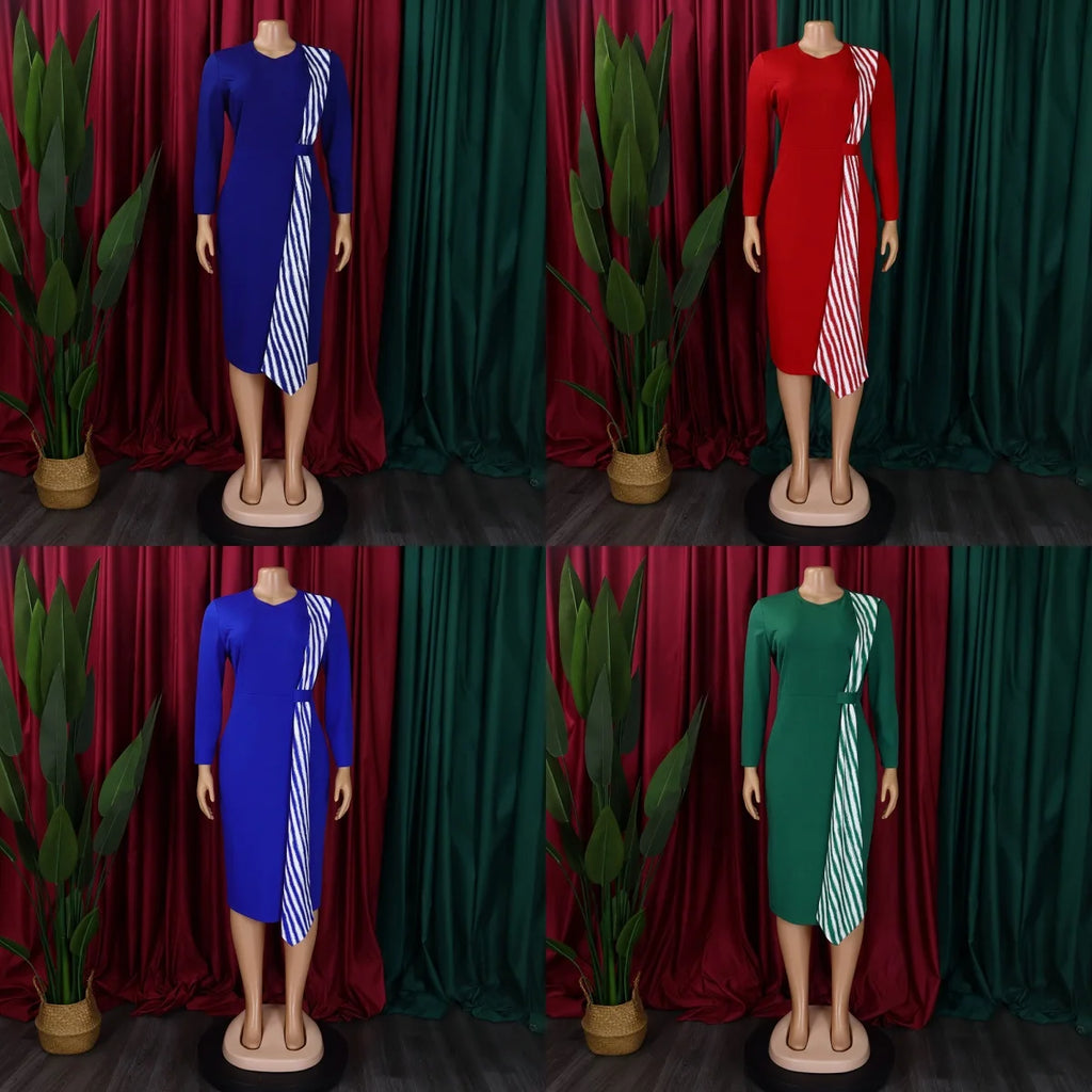 High Quality Midi Dress Woman Robe Long Sleeve Regular Fit Bodycon Natural Waist Diamonds