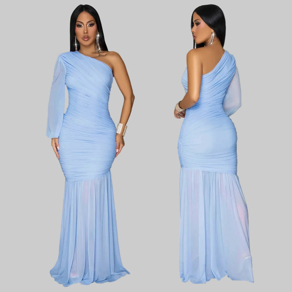One Shoulder Single Long Sleeve Ruched Mesh Mermaid Maxi Dress