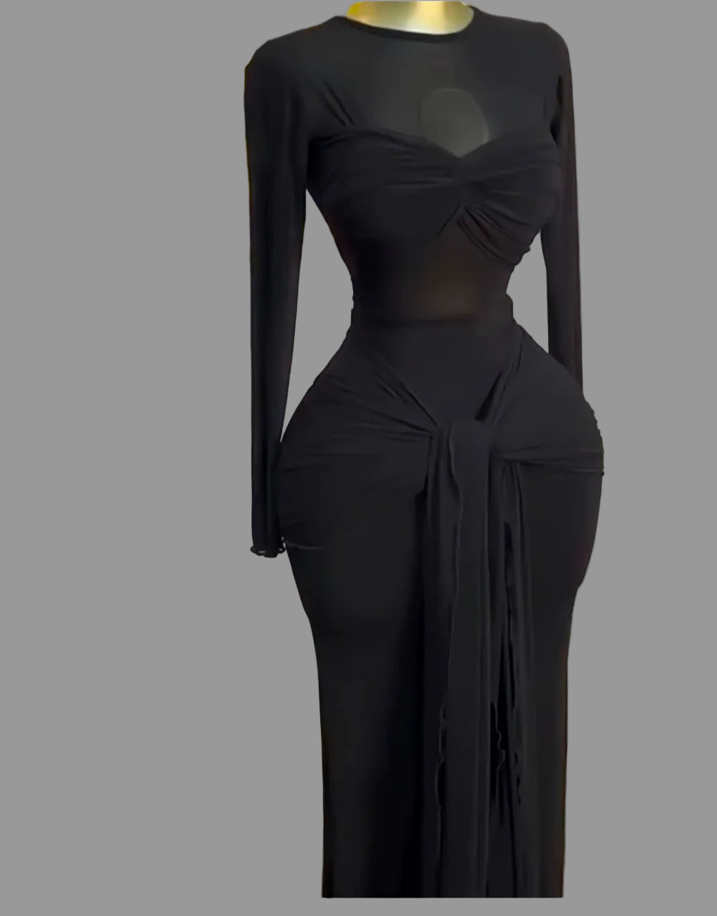 Woman Ruched Maxi Dress Long Sleeve Mesh Pleated Bodycon Femme Robe for Party Club Birthday