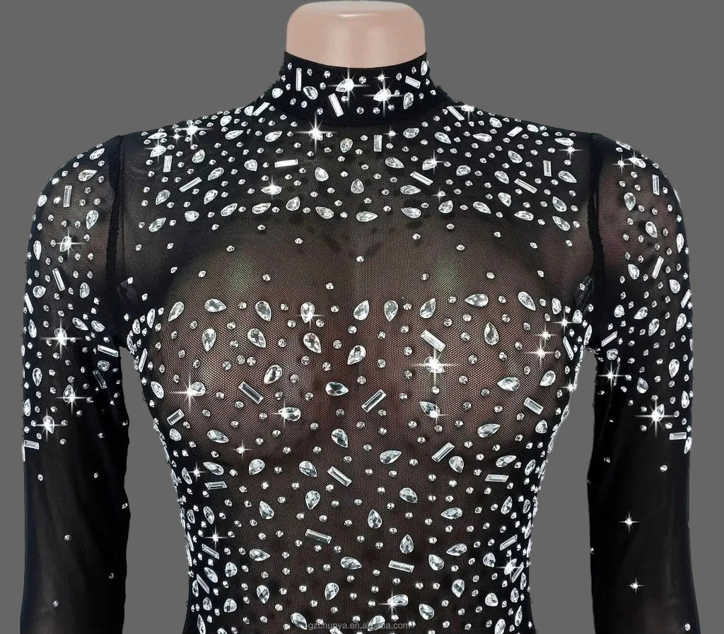 CX7591 Mesh Rhinestone Mini Dress Sexy See Through Bodycon for Party Club Birthday Night Out