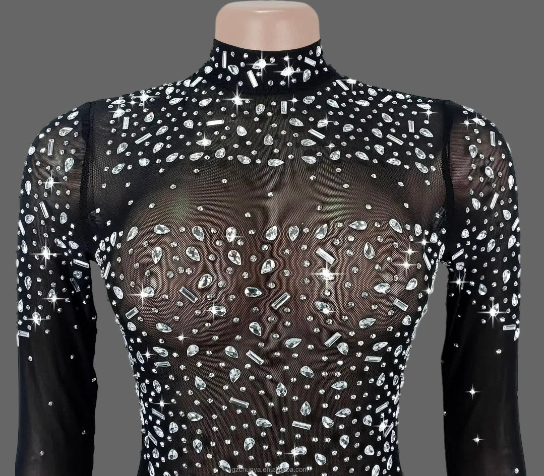 CX7591 Mesh Rhinestone Mini Dress Sexy See Through Bodycon for Party Club Birthday Night Out