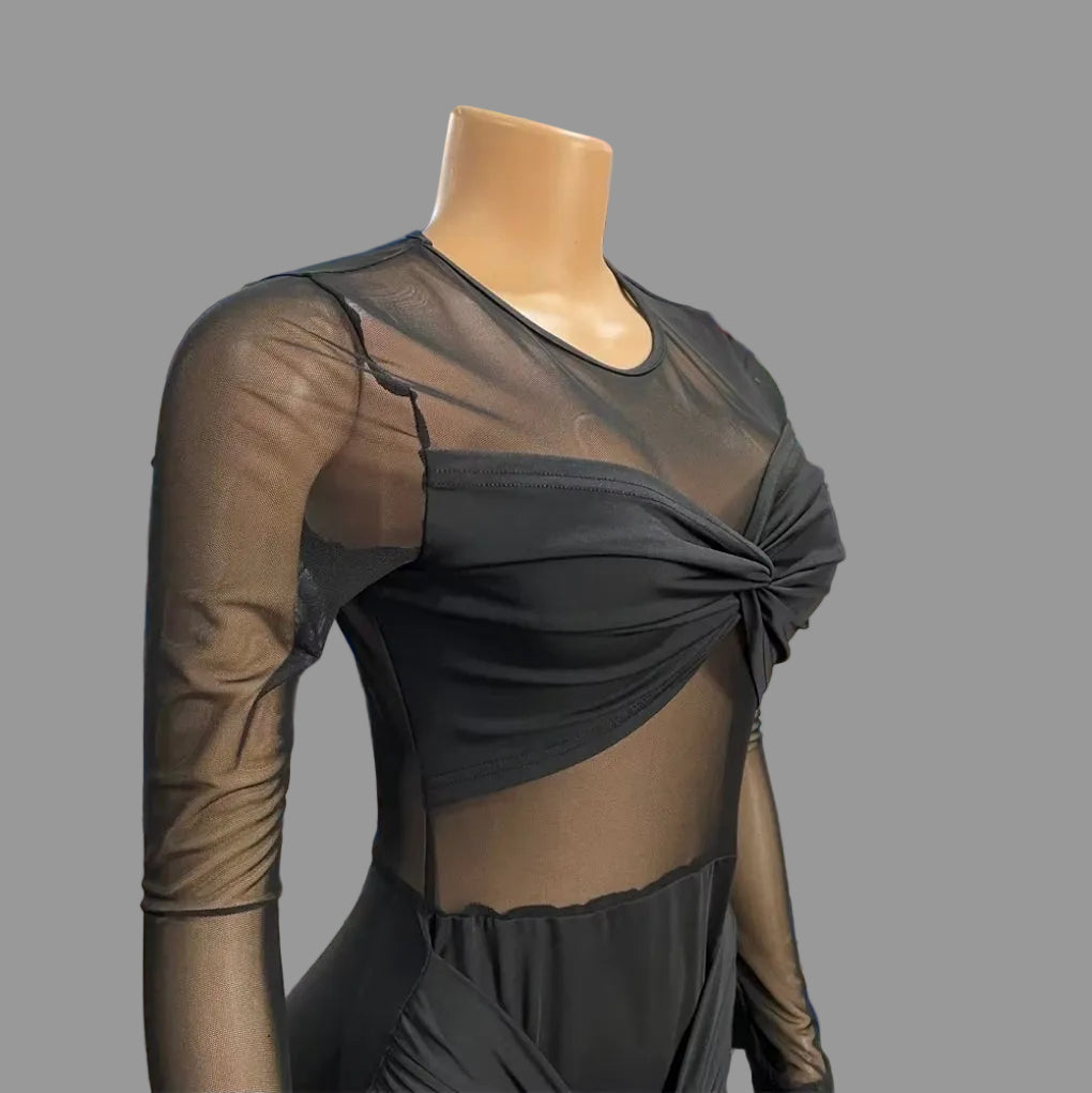 Woman Ruched Maxi Dress Long Sleeve Mesh Pleated Bodycon Femme Robe for Party Club Birthday