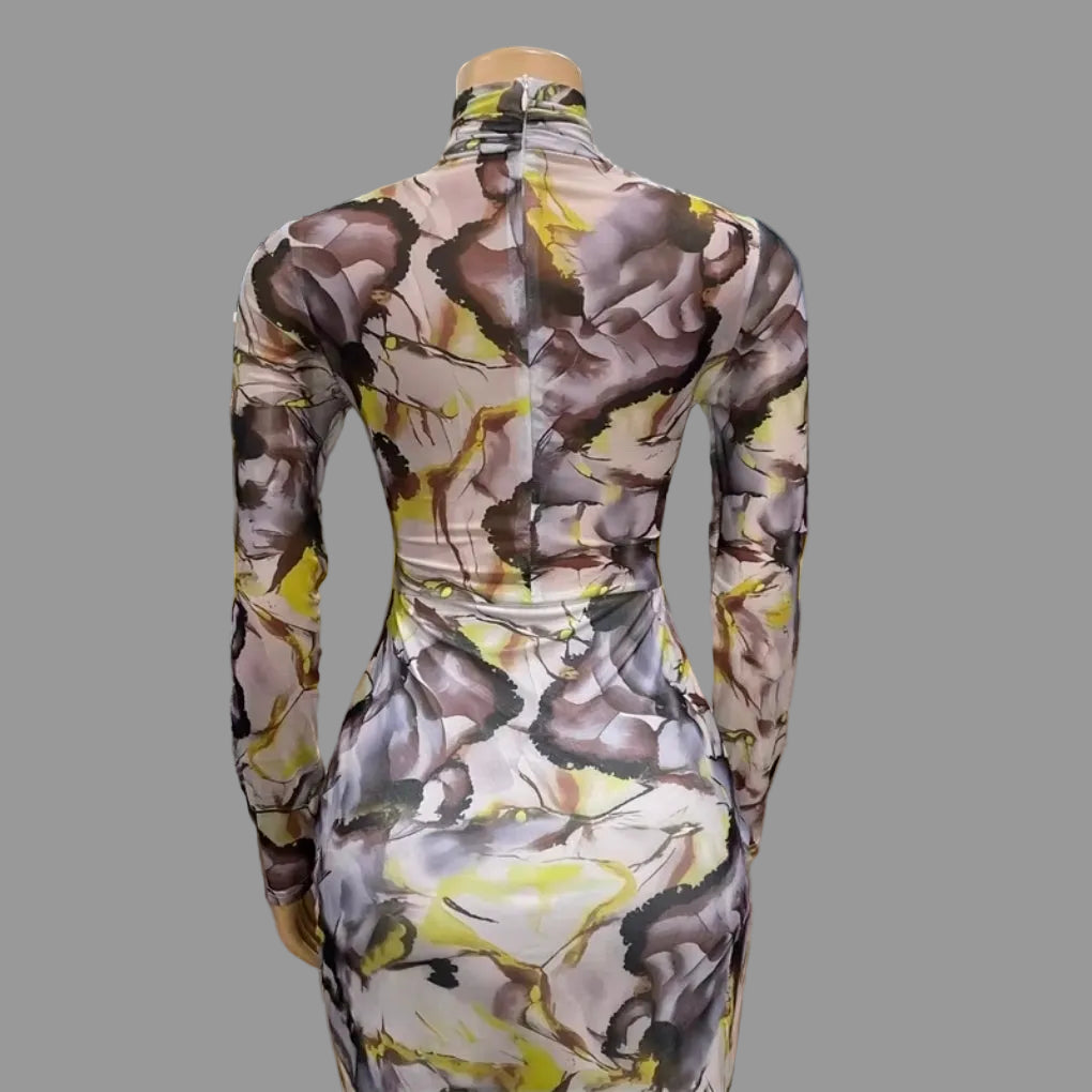 Tie Dye Print Ruched High Neck Long Sleeve Bodycon Maxi Dress Woman Casual Daily Dresses