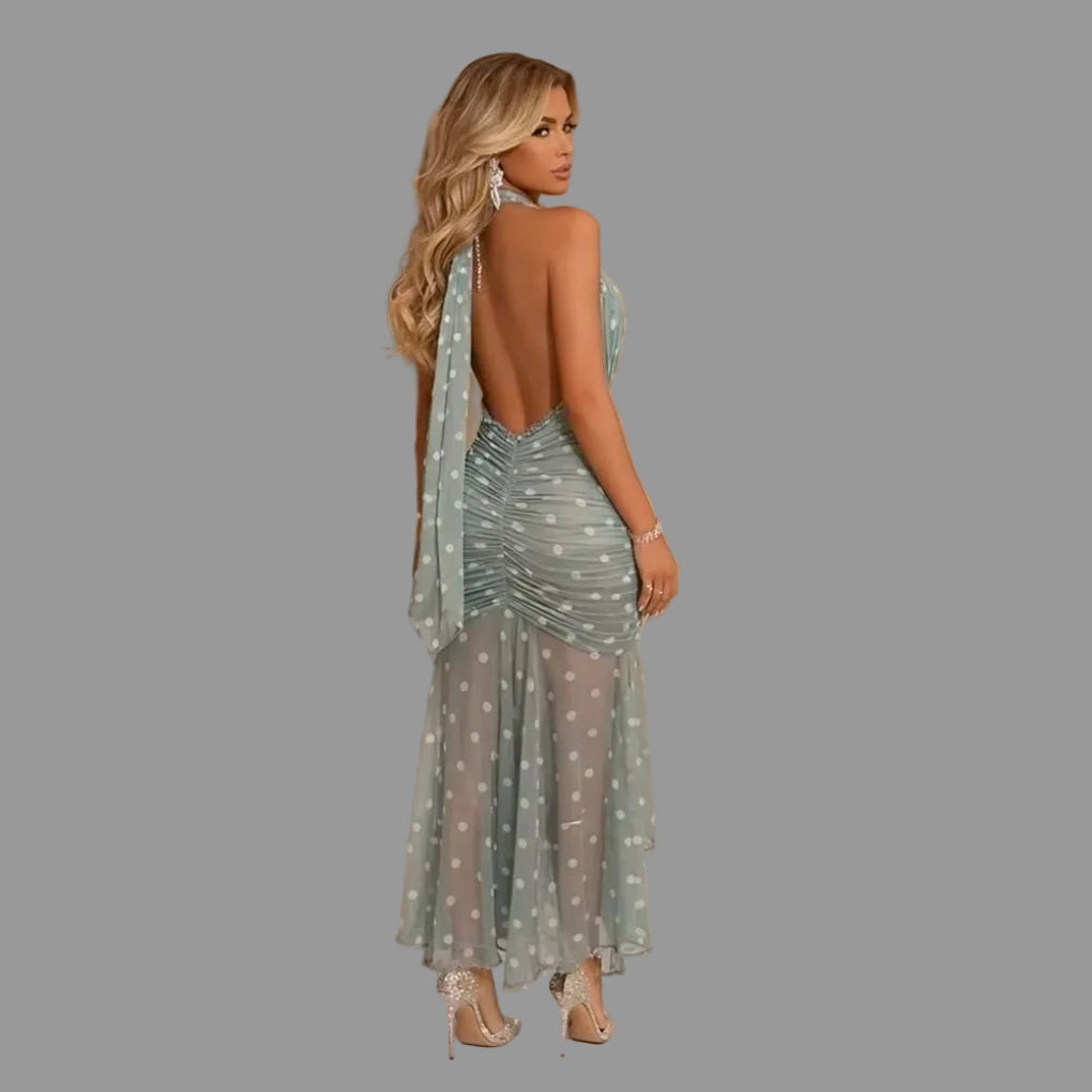 Halter Neck Polka Dot & Tie-Dye Midi Dress Deep V Ruched Sheer Mesh Ruffle Hem Party Dress for Women