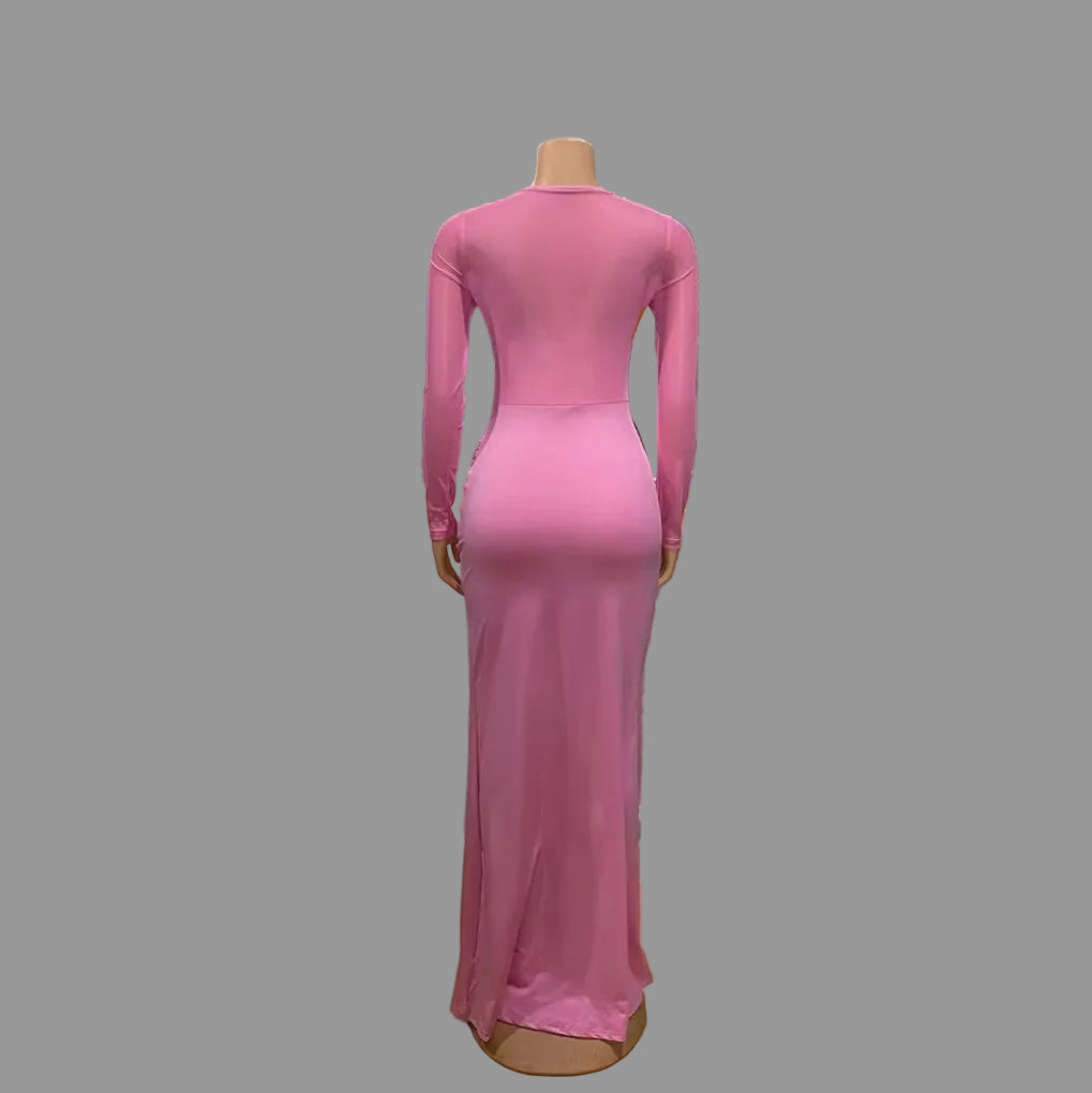 Woman Ruched Maxi Dress Long Sleeve Mesh Pleated Bodycon Femme Robe for Party Club Birthday