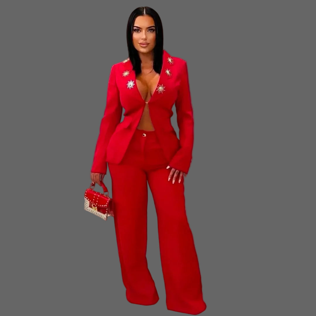 Embellished Blazer and Skinny Fit Solid Wide Leg Pants Set Glamorous Evening Power Suit Woman 2-Piece