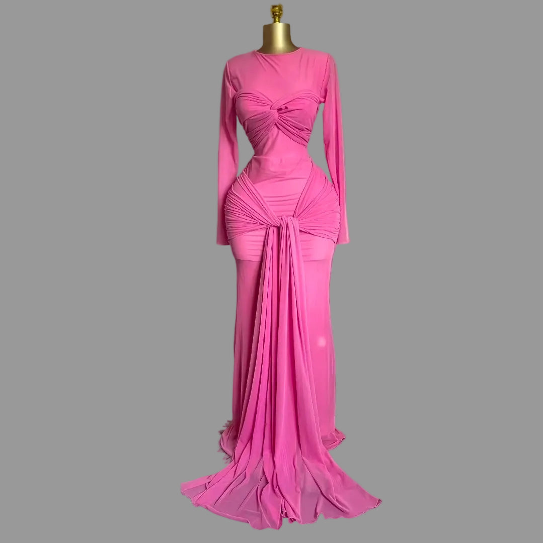 Woman Ruched Maxi Dress Long Sleeve Mesh Pleated Bodycon Femme Robe for Party Club Birthday