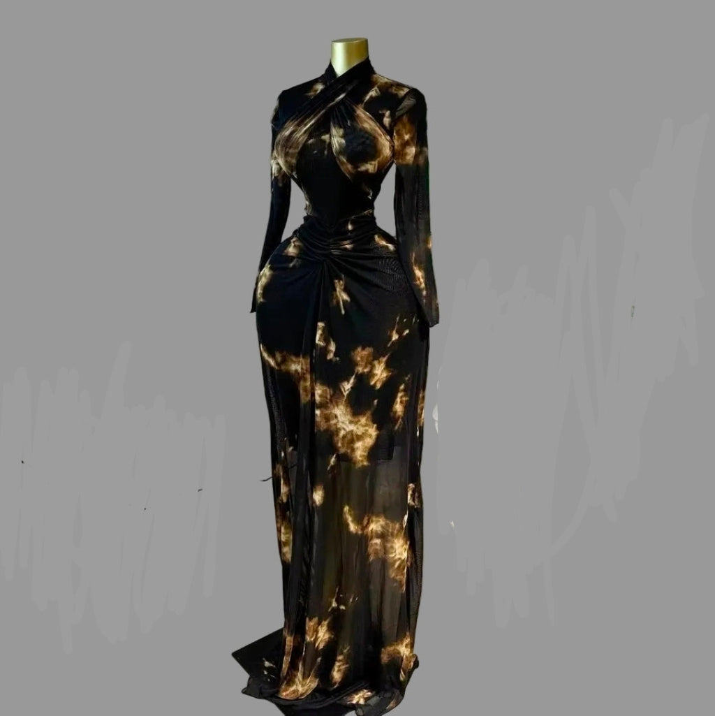 Tie Dye Print Ruched High Neck Long Sleeve Bodycon Maxi Dress Woman Casual Daily Dresses