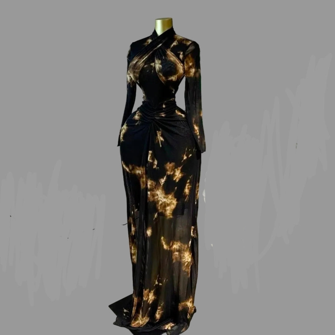 Tie Dye Print Ruched High Neck Long Sleeve Bodycon Maxi Dress Woman Casual Daily Dresses