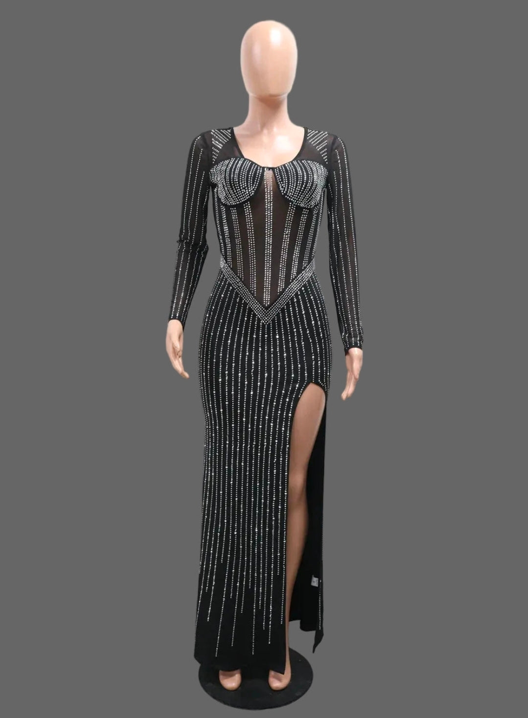 Stunning Empire Waist Maxi Rhinestone Bodycon Evening Dress High Slit Woman Birthday Party Club Outfit