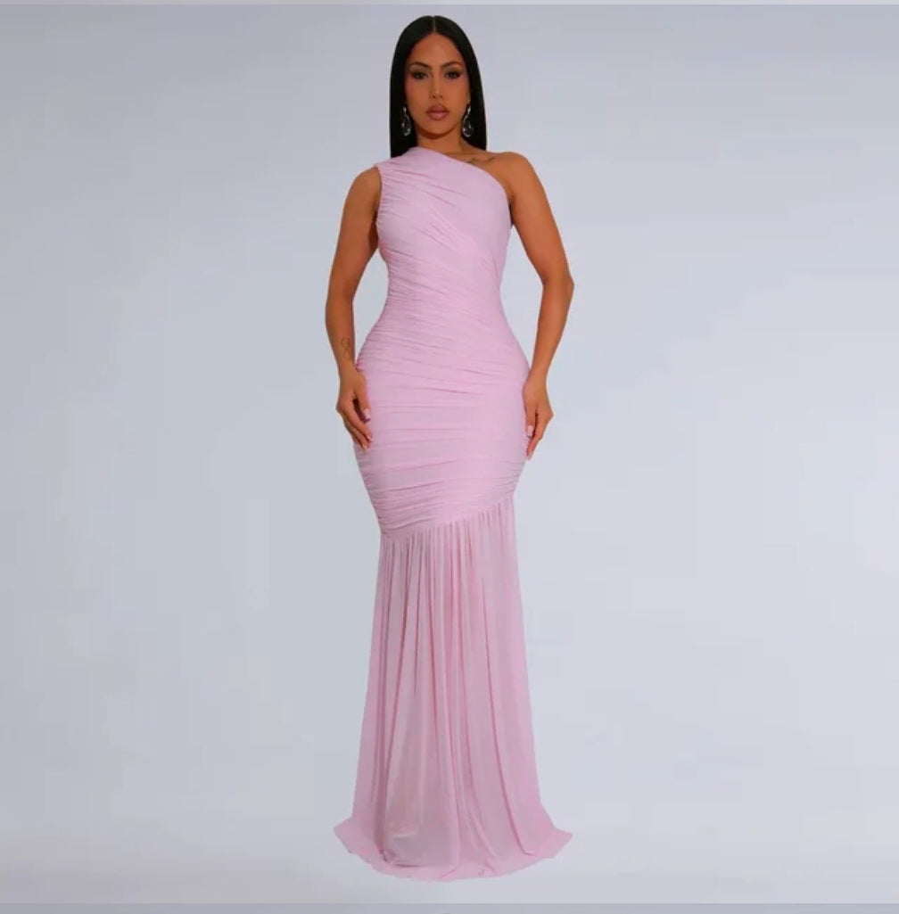 One Shoulder Single Long Sleeve Ruched Mesh Mermaid Maxi Dress