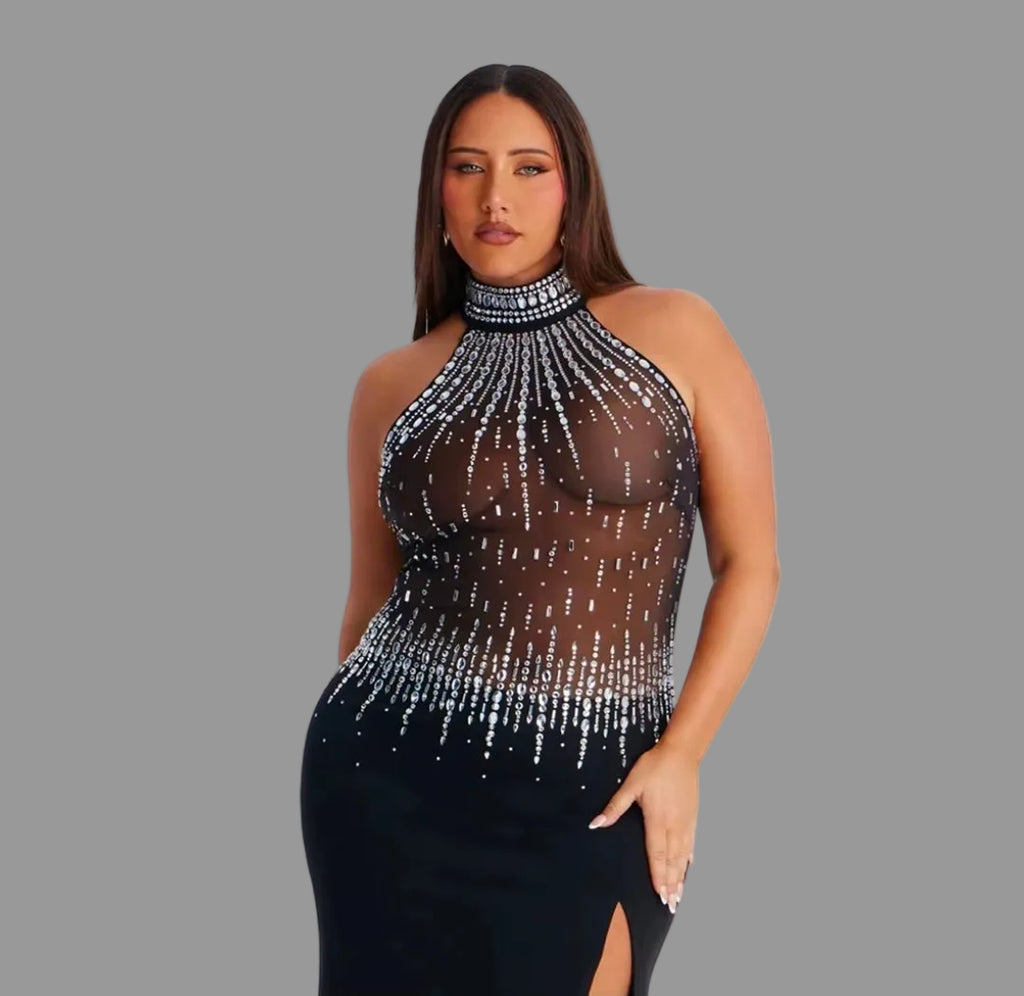 Rhinestone Maxi Dress Empire Waist Milk Silk Eco-Friendly Bodycon Sleeveless Evening Dress for Party Club