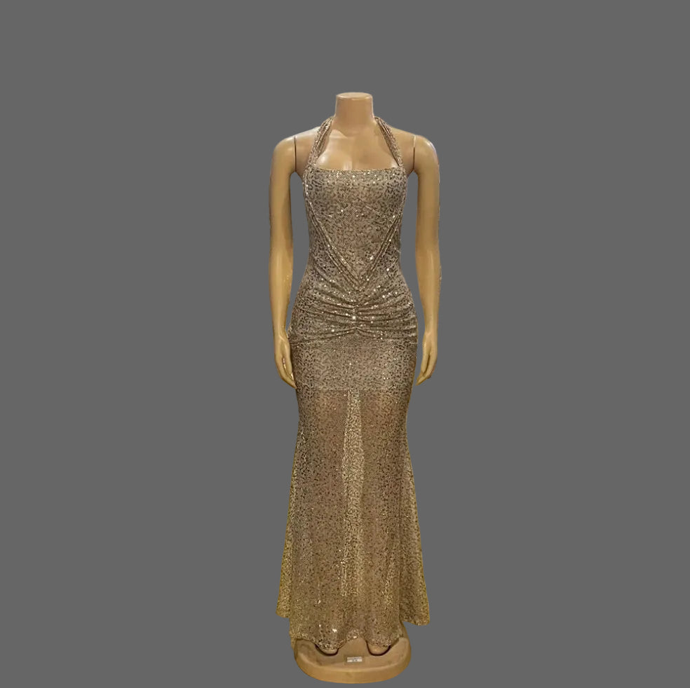 Halter Sequin Maxi Dress Women's Clothing Luxe Dinner Party Prom Evening Dress