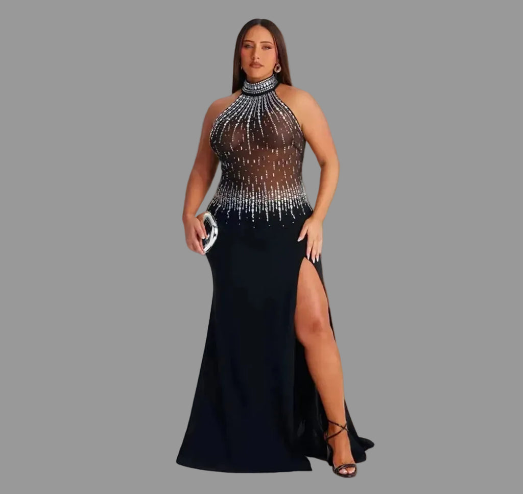 Rhinestone Maxi Dress Empire Waist Milk Silk Eco-Friendly Bodycon Sleeveless Evening Dress for Party Club