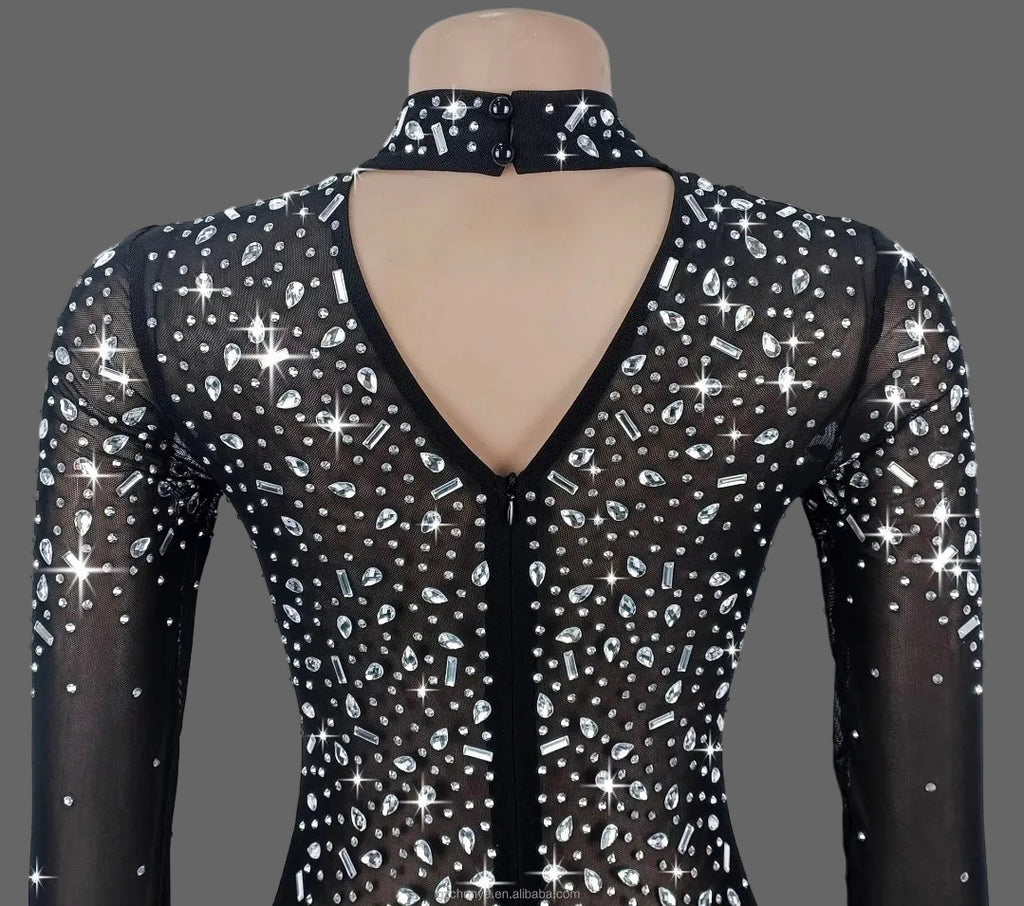 CX7591 Mesh Rhinestone Mini Dress Sexy See Through Bodycon for Party Club Birthday Night Out