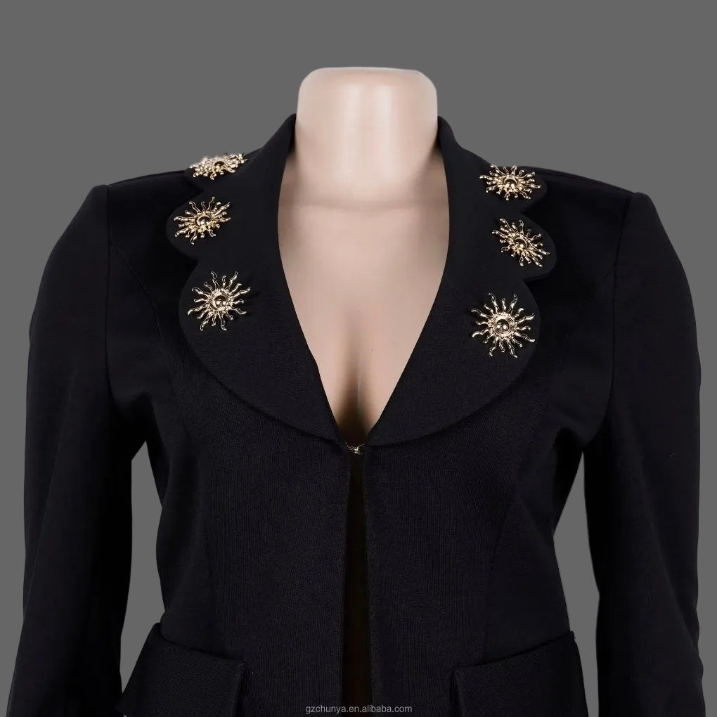 Embellished Blazer and Skinny Fit Solid Wide Leg Pants Set Glamorous Evening Power Suit Woman 2-Piece