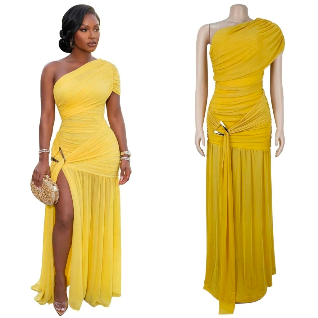 One Shoulder Ruched Mesh Maxi Dress Metal Buckle High Slit Pleated Hem Party Gown