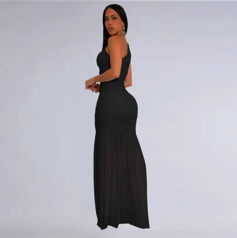 One Shoulder Single Long Sleeve Ruched Mesh Mermaid Maxi Dress